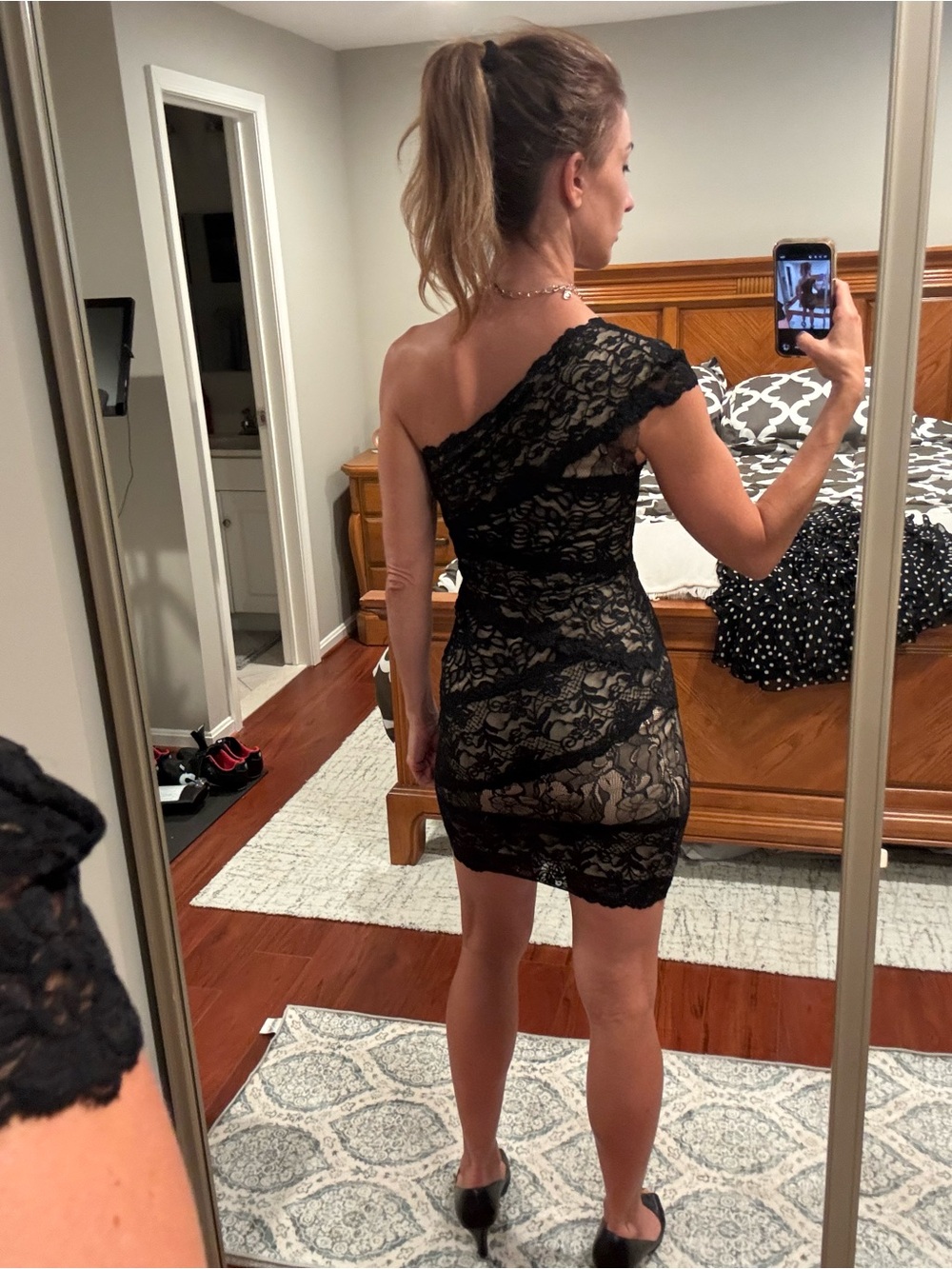 bebe Black One-Shoulder Lace Cocktail Dress - Picture 2 of 5